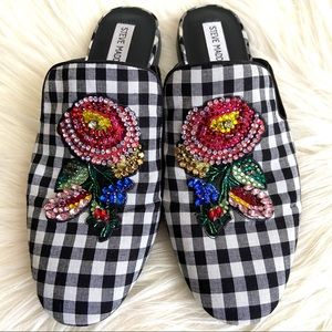 Gingham bedazzled Steve Madden slides